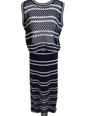 Solitaire Navy Blue/White Striped Crocheted 2-Piece Maxi Skirt & Top XL